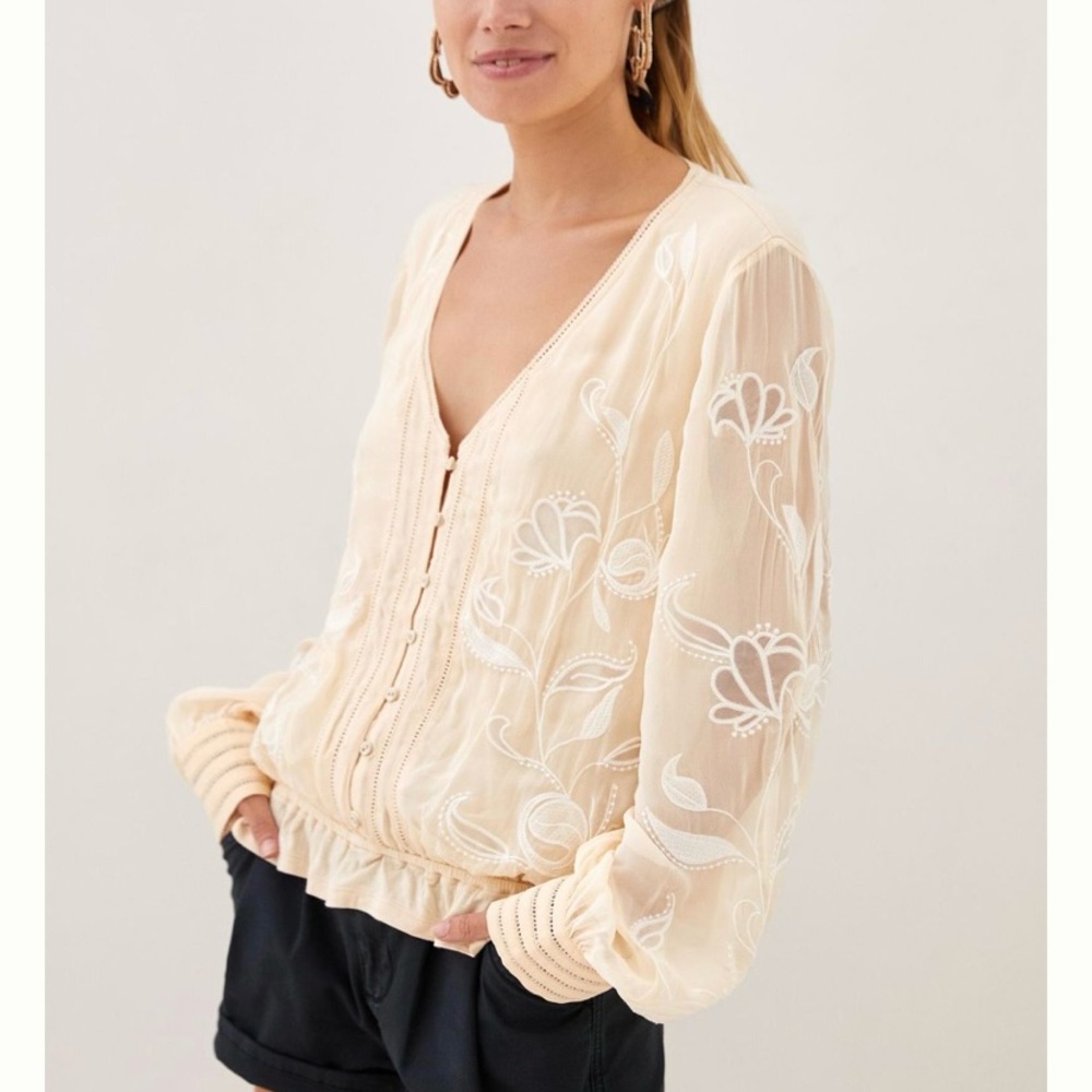 Anthropologie V-Neck Ruched embroidered blouse